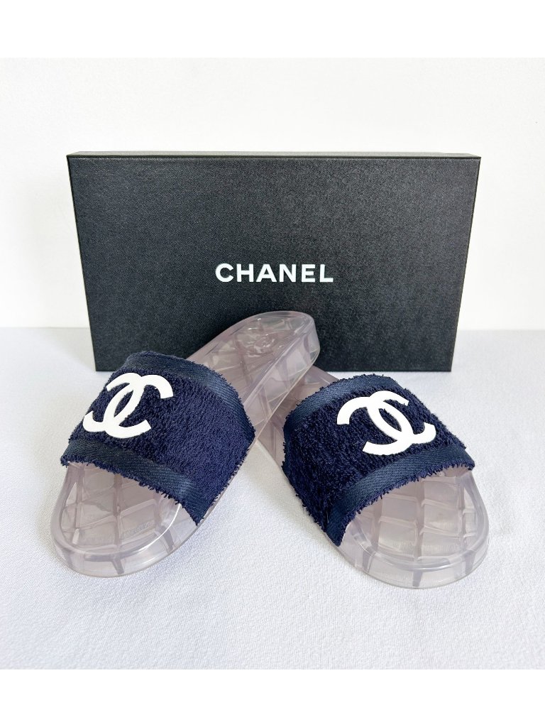 Chanel Terry Cloth Cc Jelly Slides In Navy Blue / Crisp White / Clear - Sz 40